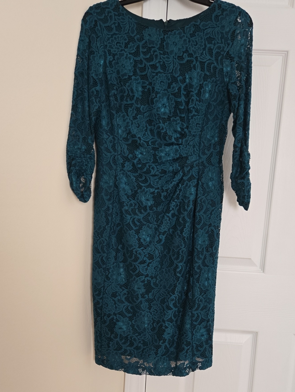 Tahari Teal Lace Midi Dress with Three-Quarter Sleeves